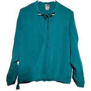 Haute Hippie 100% Silk Blouse Tie Neck Button Roll Sleeve Turquoise Small
